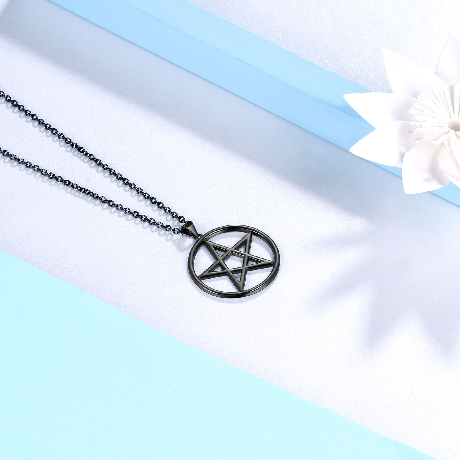 Hipunk 925 Sterling Silver Pentagram Necklace for Men Women Star Pendant Black Pentacle Necklace Wicca Pagan Jewelry Father's Day Gifts