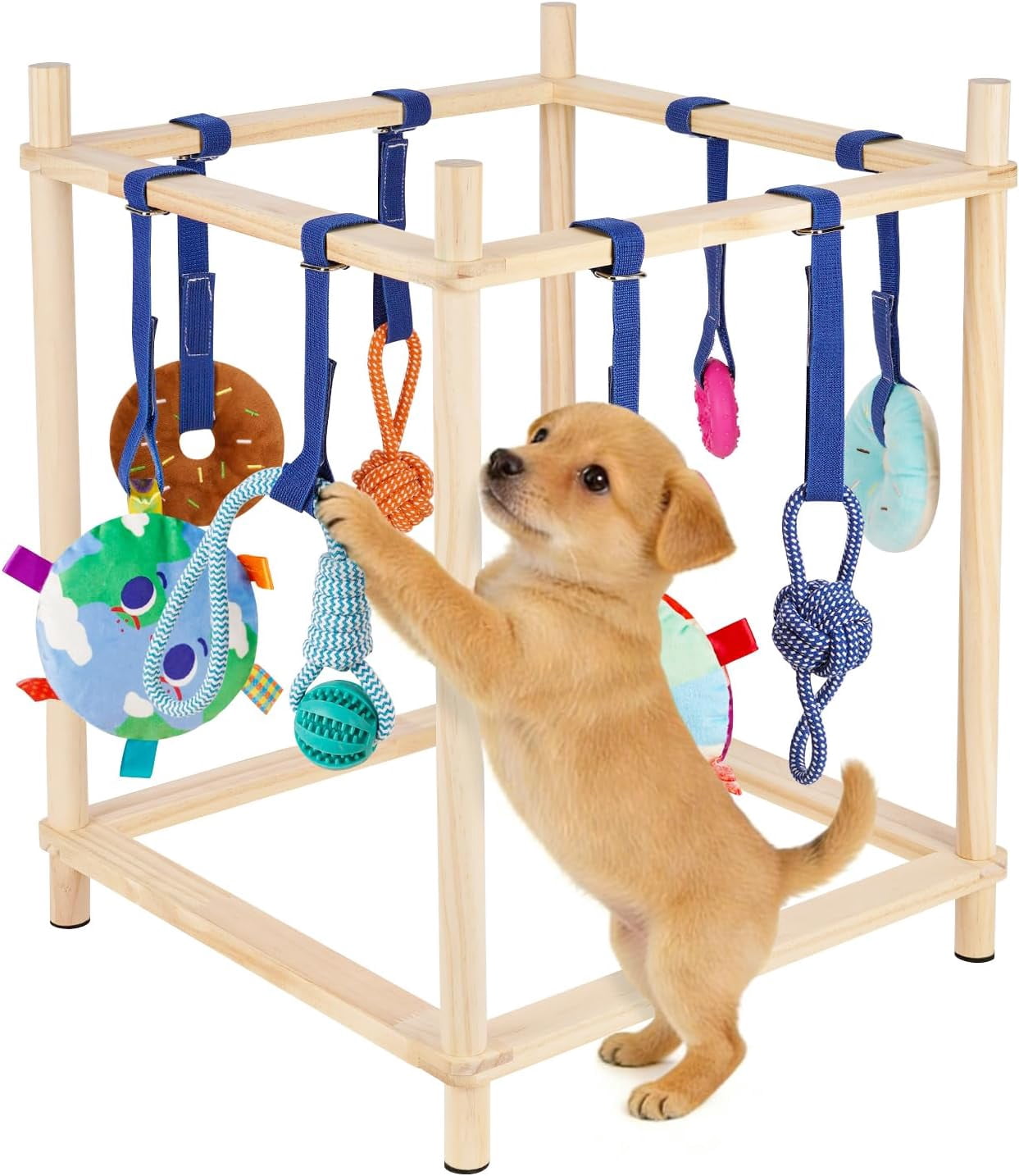 Wooden Puppy Play Gym for Small Dogs, Puppy Jungle Gym with 8 Hanging Toys, Wood Frame Indoor Puppy Gym with Dog Enrichment Toys for Puppies and Small Pets