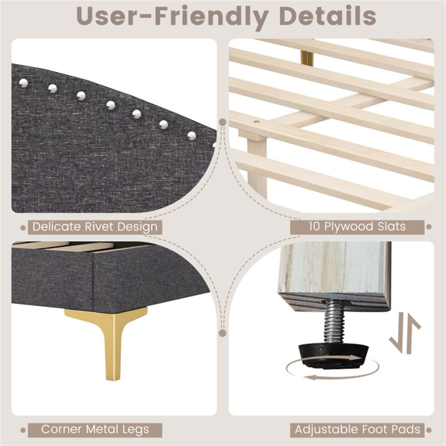 Demi Bonn Full Size Rivet-Tufted Daybed with Metal Legs and Wood Slats, Platform Bed Frame for Living Room, Bedroom and Guest Room, Gray