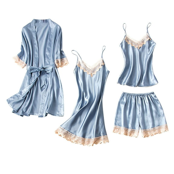 Lindreshi Lingerie for Women Set Women's Satins Silk Nightwear Tank Tops Shorts Dress Robes Four-Piece Pajamas Sets