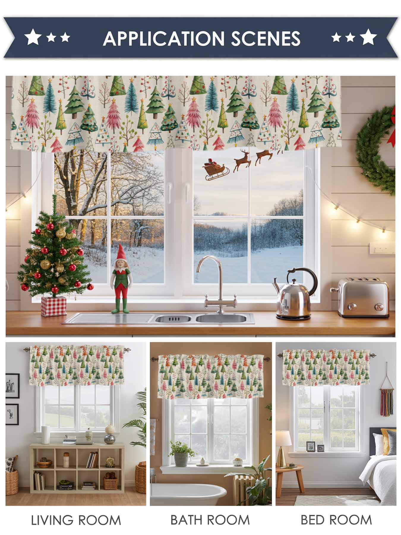 Vintage Christmas Tree Valances for Windows,Kitchen Valance Rod Pocket Short Curtain,Winter Plant on Linen Valance Curtain Window Valances for Bedroom 54x18in