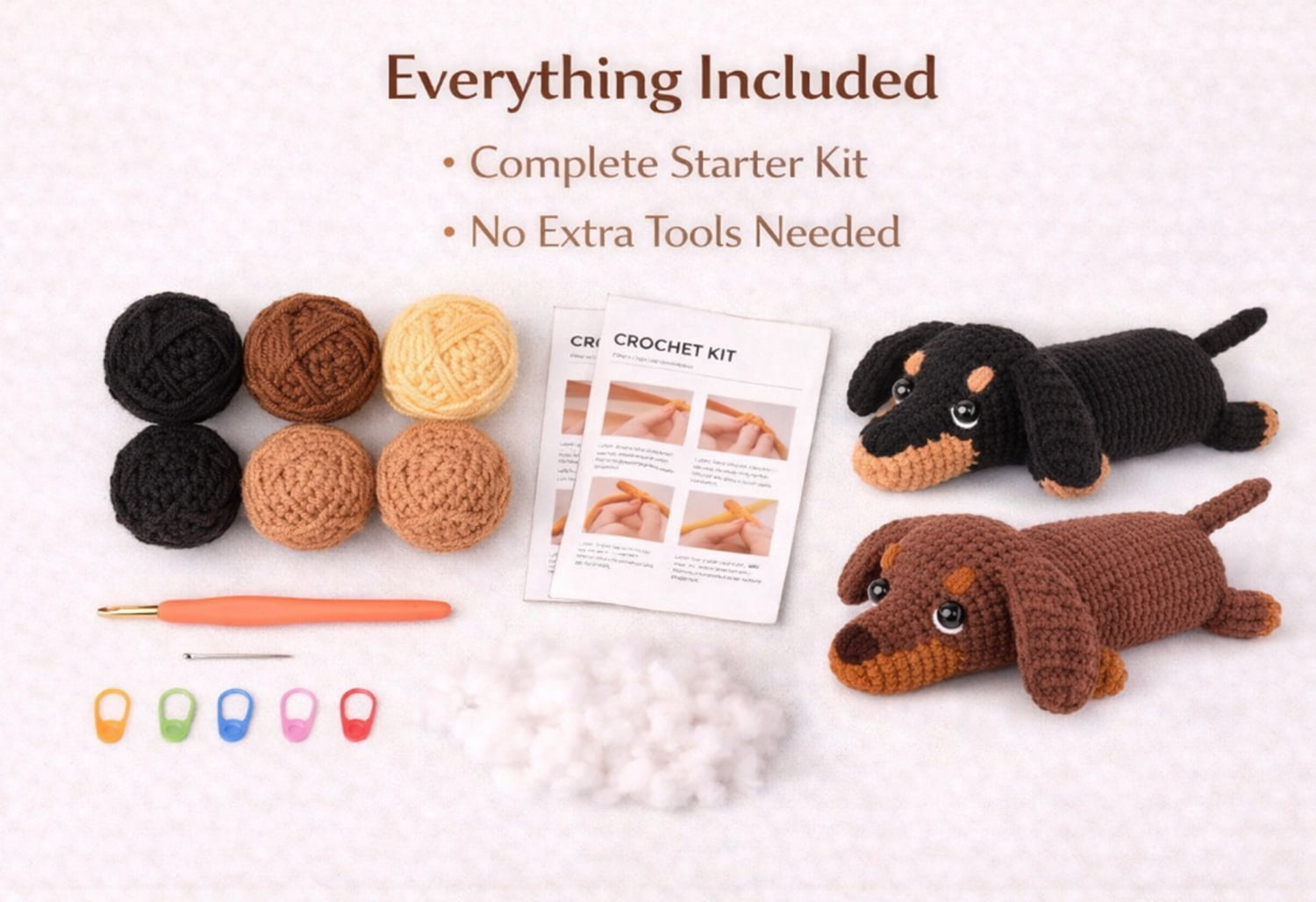 2 Pack Dachshund Crochet Kit for Beginners, Dog Amigurumi Starter Set with Step by Step Video Tutorials, TIKA