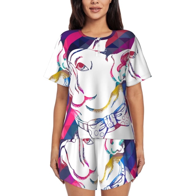 Balery Colorful Bulldog Conjunto de Pijama para Mujer con Estampado, Dos Piezas de Manga Corta y Shorts, Ropa de Dormir Suave con Cuello Redondo y Bolsillos-X-Large