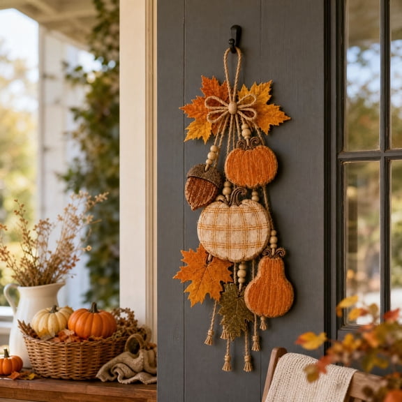 Rustic Harvest Wooden Door Hanger, fall decorations for Home, Porch Outdoor Autumn, Thanksgiving Farmhouse, Wall Art Maple Leaves, Orange Pumpkin Gift