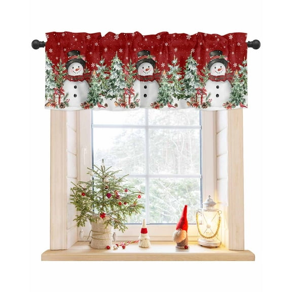 Red Snowman Christmas Curtain Valance for Windows/Living Room/Kitchen/Bathroom/Café, Short Rod Pocket Tier Curtain Window Treatment Panel Green Xmas Tree Snowflake Topper Curtain 42''x12''