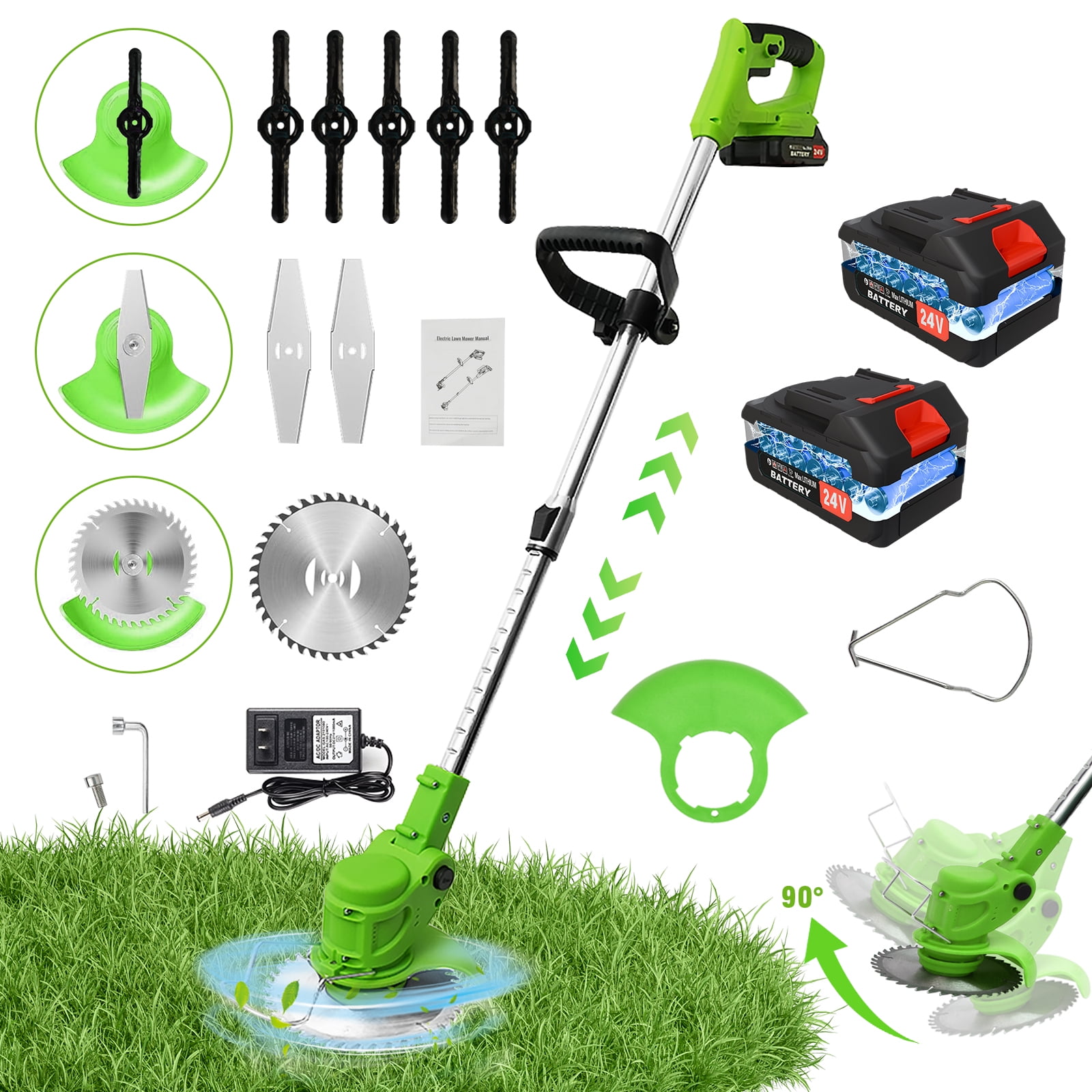 24V 650W Lawn Mover Electric Grass Trimmer Cordless W/2 Batteries, Battery Weed-Eater, Electric Weed Wacker, Lawn Mower Cordless Pruning Cutter Weed Wacker Garden Trimming Tool