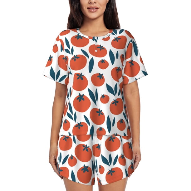 Balery Hand Drawn Tomatoes Conjunto de Pijama para Mujer con Estampado, Dos Piezas de Manga Corta y Shorts, Ropa de Dormir Suave con Cuello Redondo y Bolsillos-Medium
