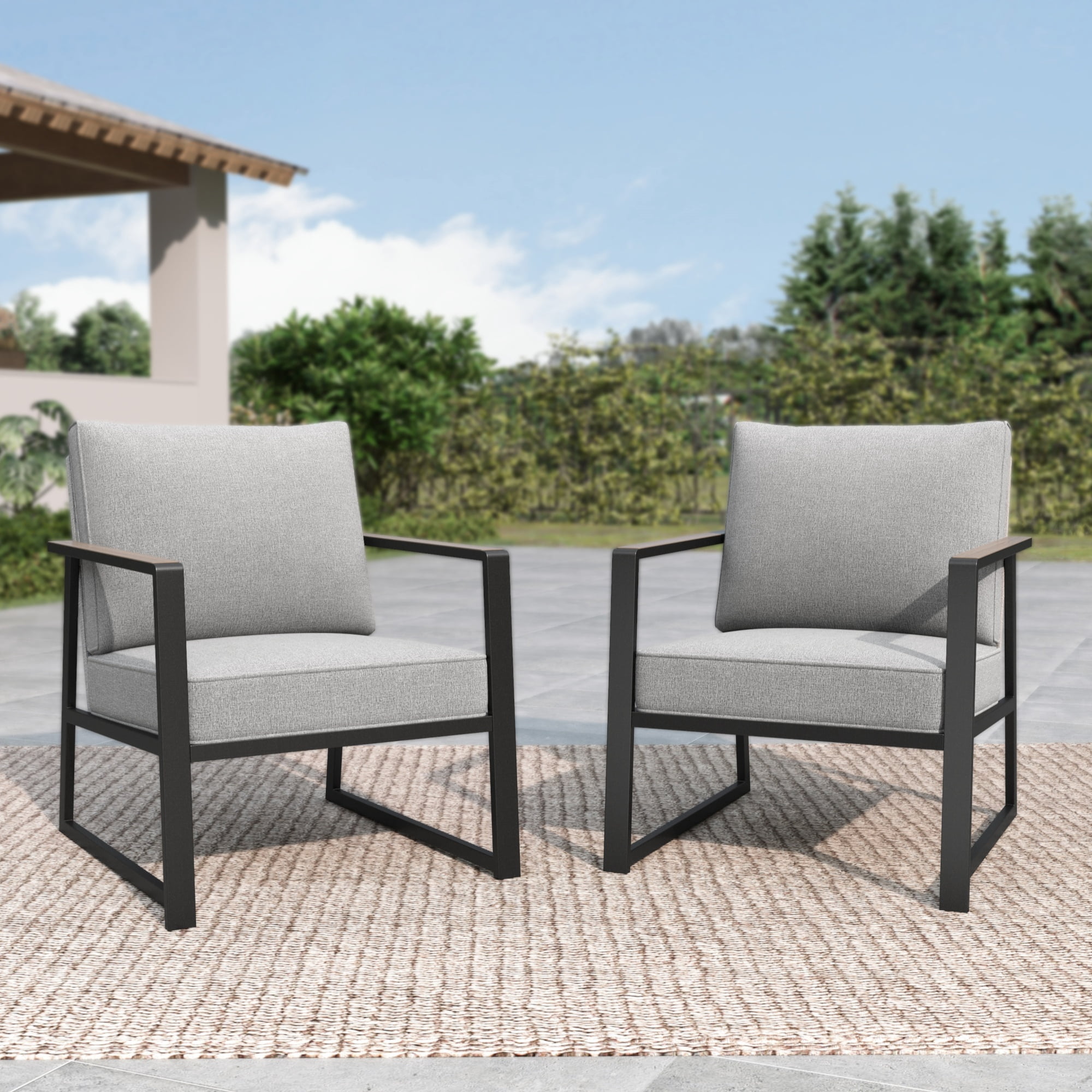MF Studio 4-Piece Modern Outdoor Patio Furniture Set with All-Weather Cotton-Filled Sling Fabric Sofa Back, Wood-Grain Outdoor Patio Conversation Set with U-Shape Coffee Table, Gray
