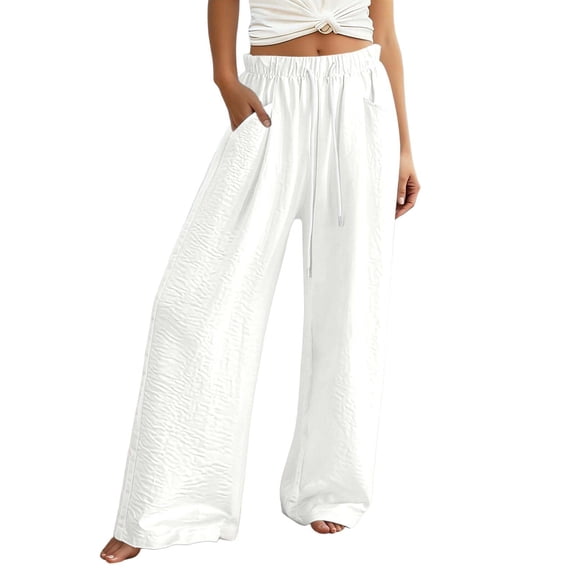 DHFJKG Wide Leg Pants For Women Linen Flowy Palazzo Drawstring Elastic Waist Pants With Pockets Summer Beach Vacation Clothes Stylish Trousers