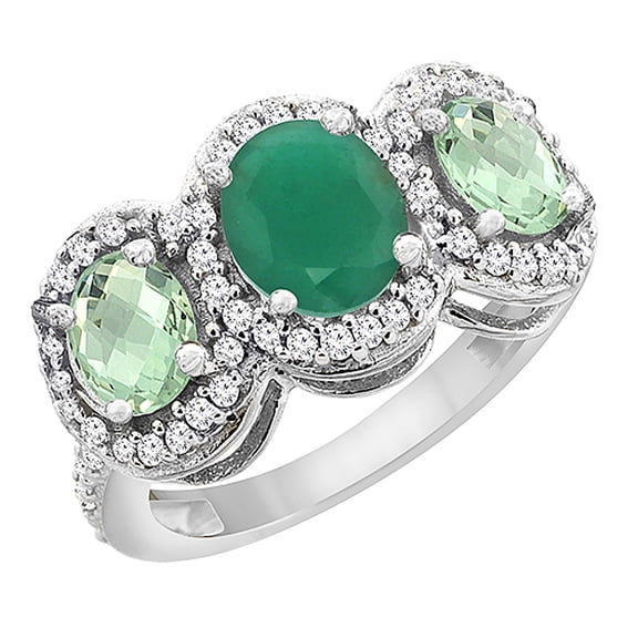 14K White Gold Natural HQ Emerald & Green Amethyst 3-Stone Ring Oval Diamond Accent, size 10