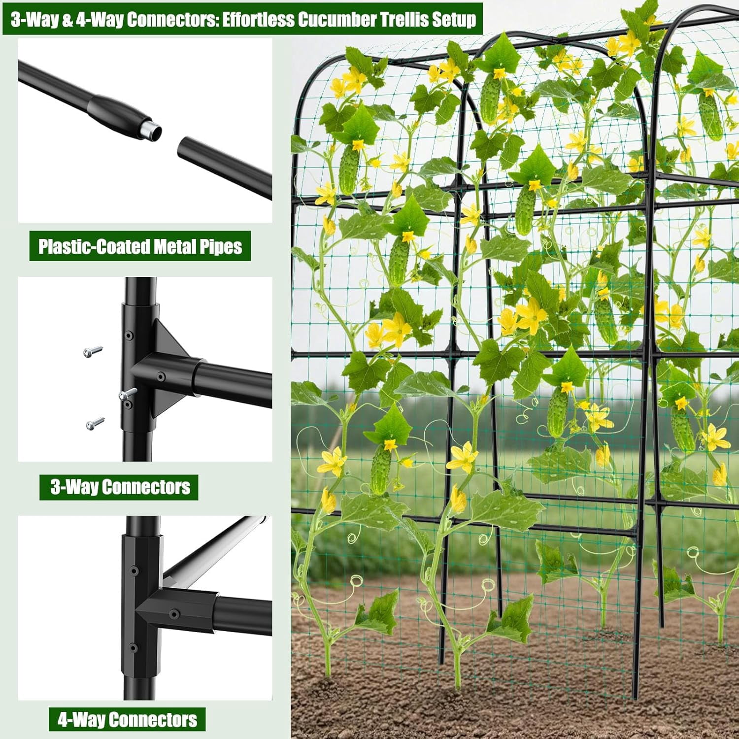 7ft Cucumber Trellis for Raised Bed, Garden Arch Trellis for Climbing Plants Outdoor Indoor, Metal Trellis Support with Net for Vegetables Tomato Zucchini Squash Beans Peas Melons,  Flowers,Vines