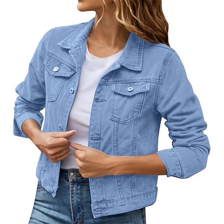 Tianiyouqing Women Relaxed Fit Denim Jacket Button Up Lightweight Long Sleeve Ladies Stretch Trucker Jean Jackets Light Blue XL