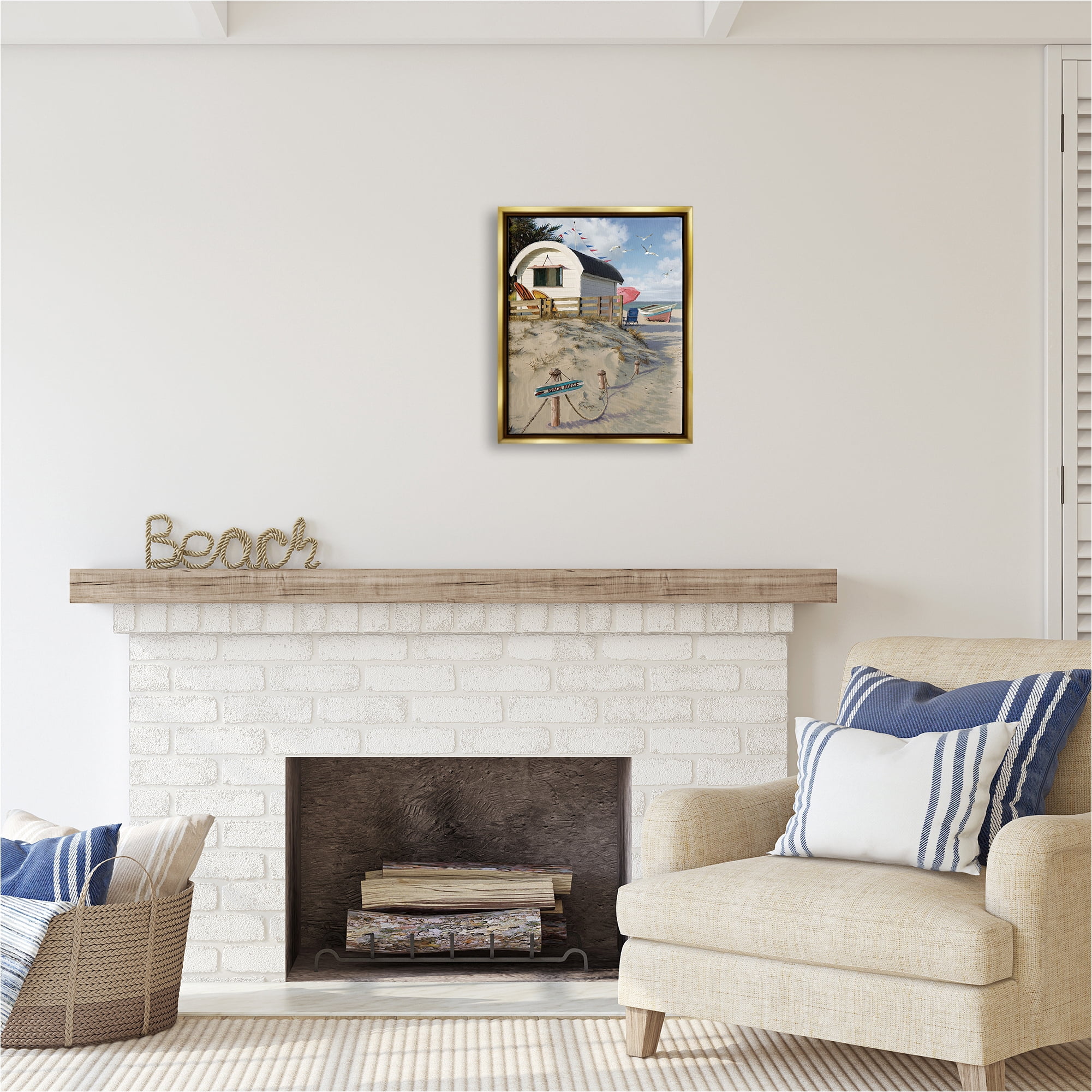 Stupell Industries Beach House Landscape Landscape Painting Gold Floater Framed Canvas Art Print Wall Art, 17 x 21
