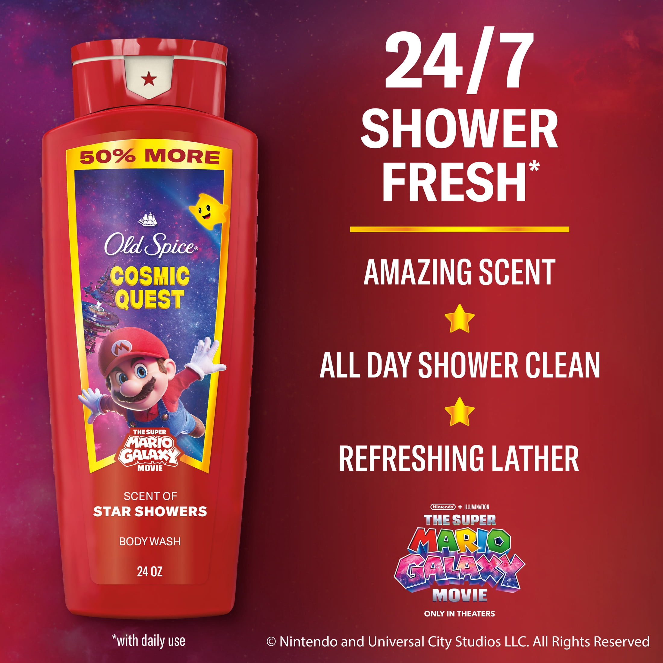 (4 pack) Old Spice Body Wash for Men, Cosmic Quest, Scent of Star Showers, Old Spice x The Super Mario Galaxy Movie, 24/7 Shower Fresh, 24 oz