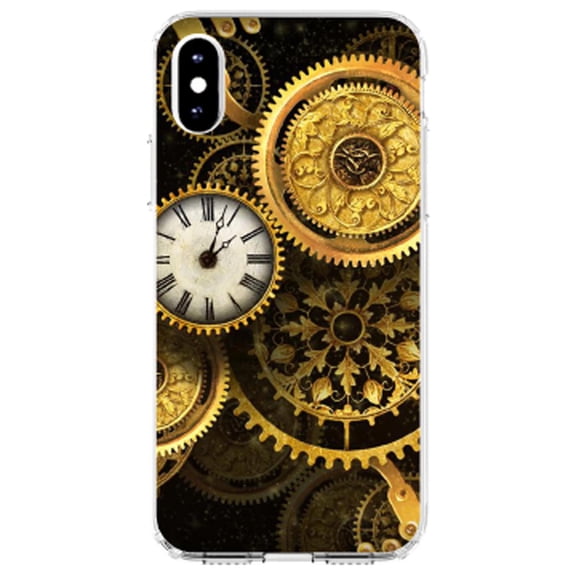 DistinctInk Clear Shockproof Hybrid Case for iPhone XR (6.1" Screen) - TPU Bumper, Acrylic Back, Tempered Glass Screen Protector - Clocks Clockwork Gold