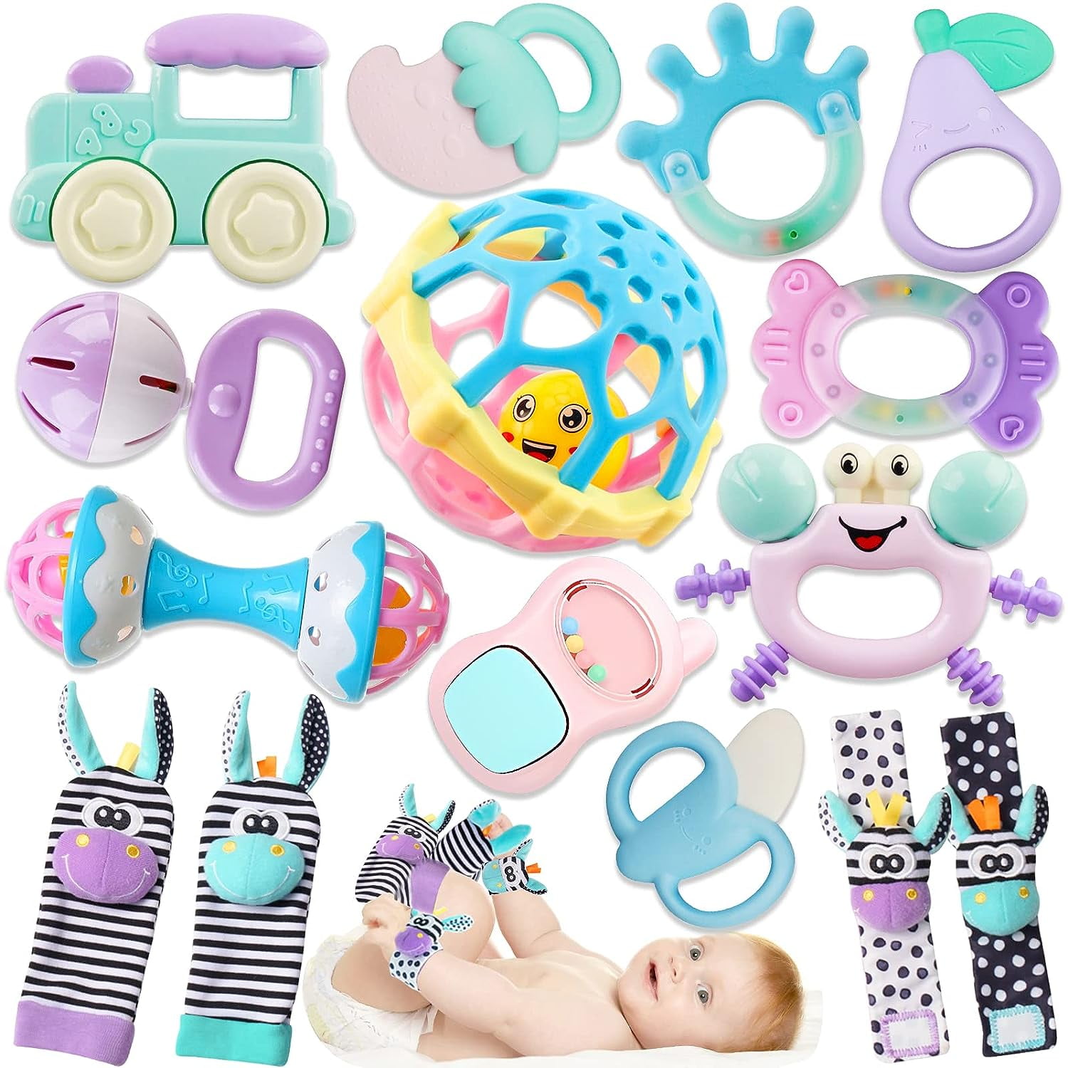 Baby Toys 6-12 Months - 15 PCS Teether Rattle Sensory Toy for 3-6 Month Baby Boy Girl Christmas Gifts Wrist Socks for Baby Shower Gift