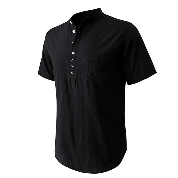 Camisa Elvqul para Hombre Liso Casuales Negro Algodón Cuello Mao Manga Corta Abotonada