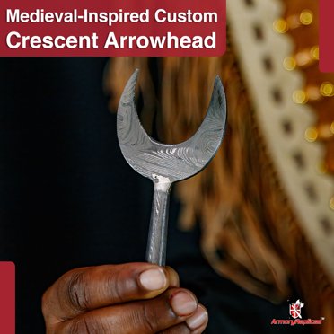 Hand-Forged Crescent Damascus Steel Arrowhead – Rope Cutter, Medieval Style For Survival, Outdoor & Collectors