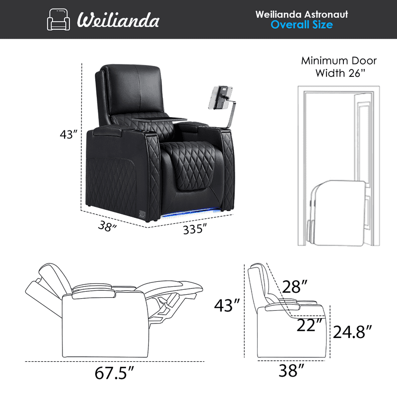 Weilianda Astronauts Reclining Sofa Electricity Recliner Zero Gravity Chair Top Grain Leather Movie Chair Gaming Sofa with Tray Table USB Charging Cup Holders,Row of 1 Black