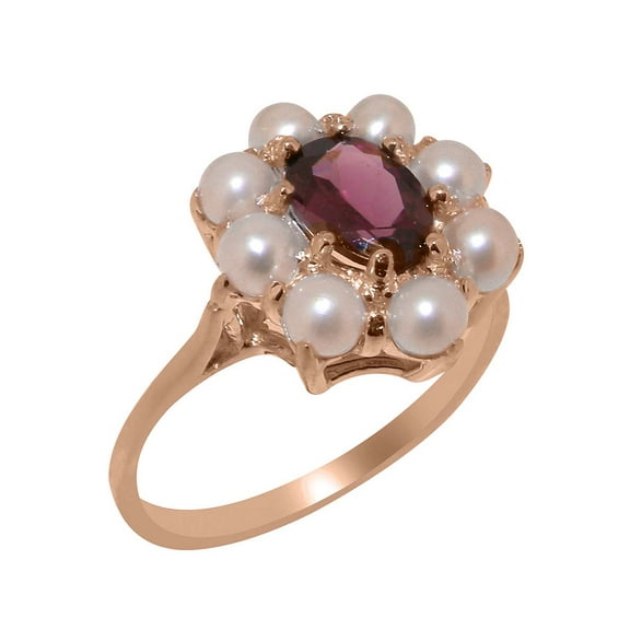 LBG British Made 9k Rose Gold Natural Garnet & Cultured Pearl Womens Statement Ring - 33 size options - Size 4