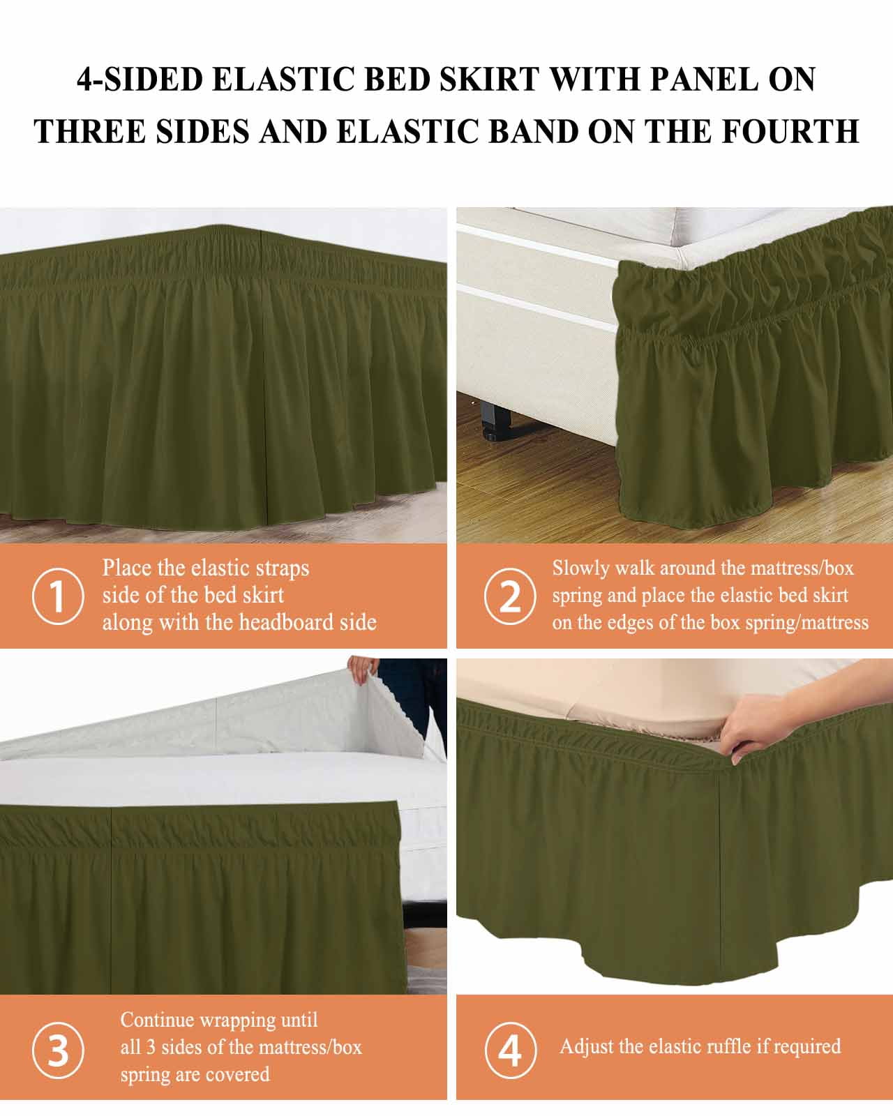 Olive Green Bed Skirt California King Size 18" Drop Solid Color Ruffled Wrap Around Bed Skirts Adjustable Elastic Bedskirt Dust Ruffle for California King Size Bed