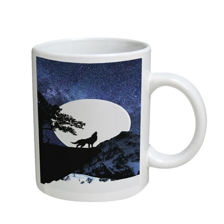 

KuzmarK Coffee Cup Mug 11 Ounce - Wolf Full Moon Stars
