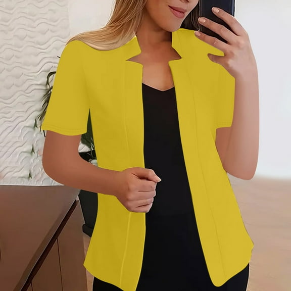 iHengLiXing Spring Tops for Womens Dressy Casual Women's Solid Color Casual Fashion Long-sleeved Cardigan Jacket Coat Top Yellow L