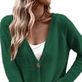 thumbnail image 3 of Cárdigan para mujer, suéter con frente abierto, cuello en V, botón de una sola fila, Color puro, manga larga, Top de punto, verde oscuro L, 3 of 6