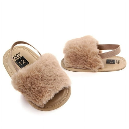 Infant Baby Girls Fuzzy Slippers  Soft Plush Open Toe Faux Fur House Slide Sandals Indoor Princess Shoes with Elastic Strap