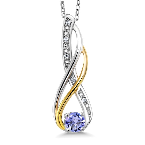 Gem Stone King 10K Yellow Gold and 925 Sterling Silver Blue Tanzanite and Diamond Infinity Pendant Necklace for Women (0.34 Ct Round Cut with 18 inch Silver Chain)