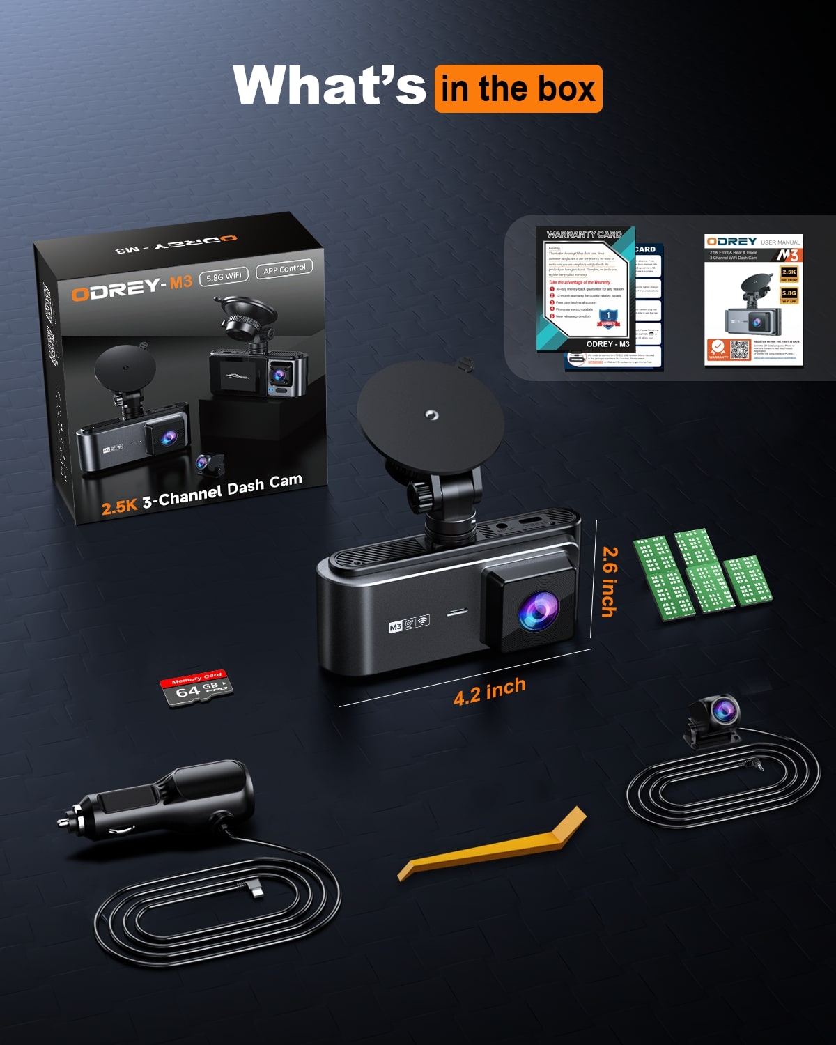 ODREY M3 3-Channel 2.5K Dash Cam Front Rear Inside photo 8