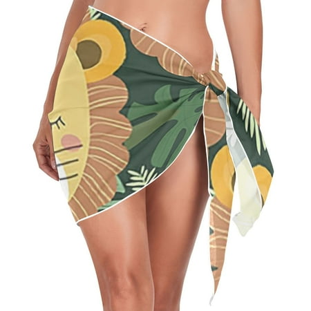 Lions Faces with Leaves Women Coverups Beach Cover Up Chiffon Swimsuit Bikini Wrap Short Skirt Beach Slit Tie Waist