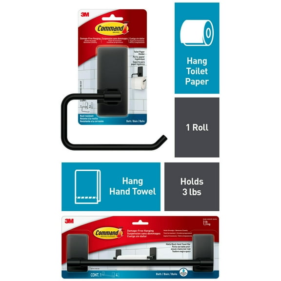 Command Bath Matte Black Toilet Paper Holder, 1 Toilet Paper Holder and Command Bath Towel Bar Matte Black