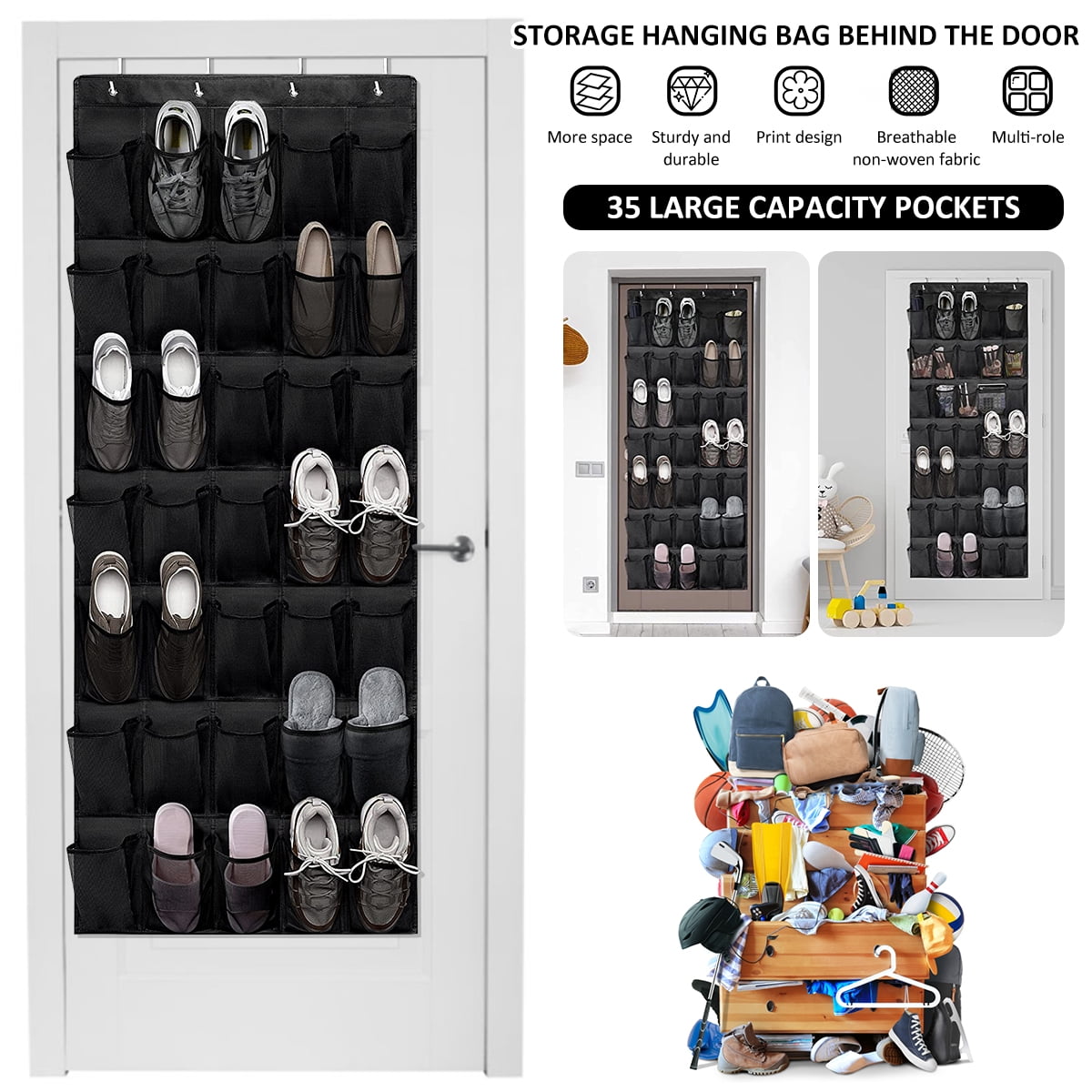 Zober Hanging Shoe Organizer for Closet - 10-Shelf Hanging Shoe Rack w/Side Mesh Pockets - 1 Pack Space Saving Shoe Holder (Brown)