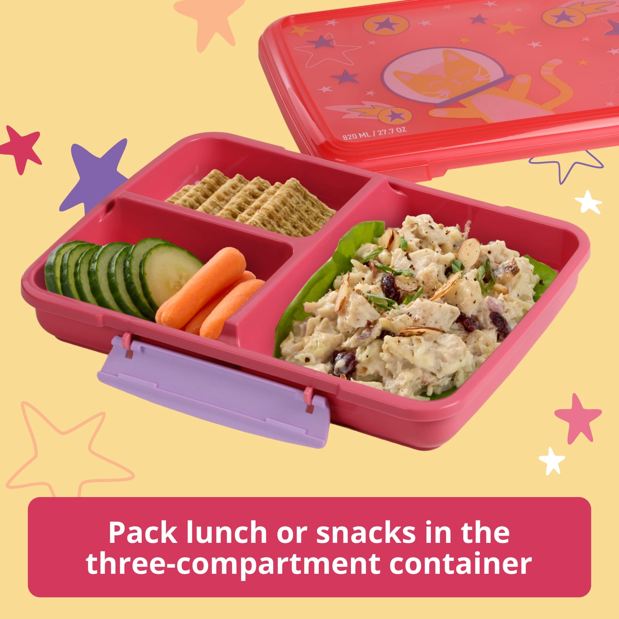Rubbermaid Pack & Go Space Kitty Popsicle Pink 820 mL Large Divided Snack Container, Food Storage Containers, Plastic Containers for Food