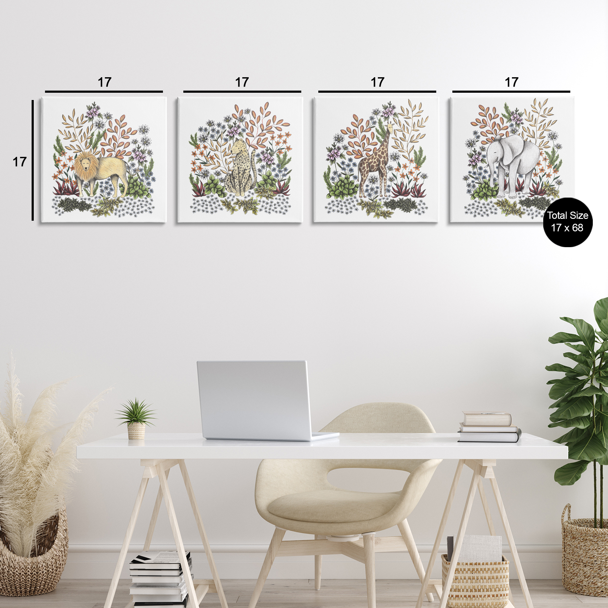 Jungle Wildlife & Botanicals 4 Piece Canvas Wall Art Set, design by Cecilia Battaini