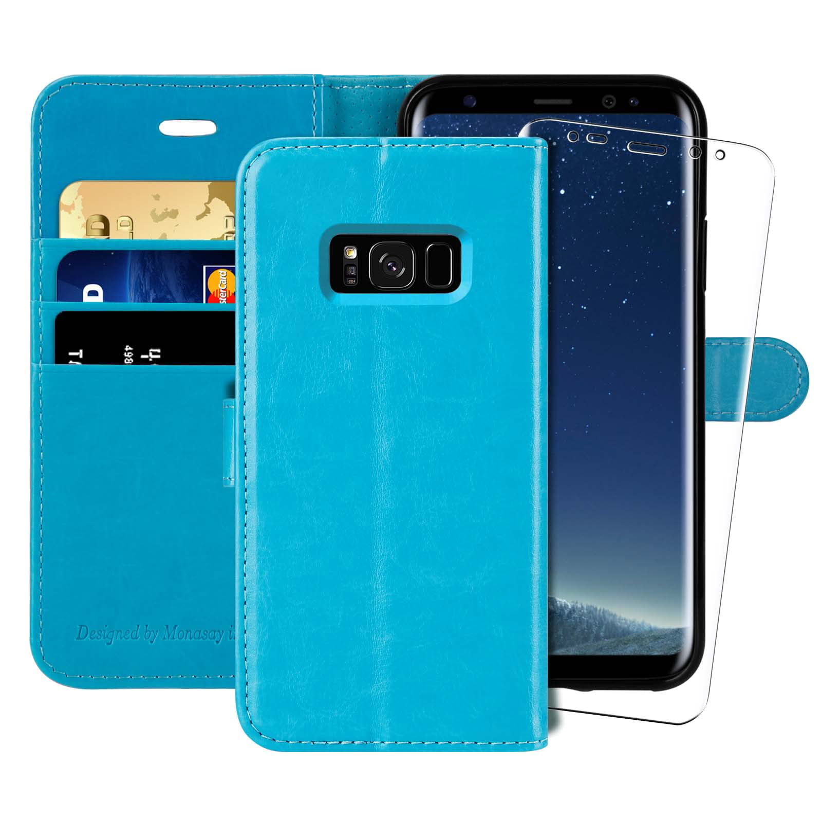 Blue Butterfly Flower Embossed Pattern Design Leather Holder Full Body Protection Bumper Kickstand Card Slot Function Magnetic Closure Flip Cover with Wrist Lanyard for Samsung Galaxy S8 Wallet Case and Screen Protector,OYIME