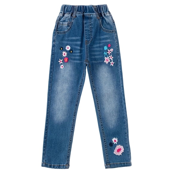 Fsqjgq Fashion Clothing Girl Jeans Elastic Waist Denim Pants Embroidered Jean Trousers with Pockets
