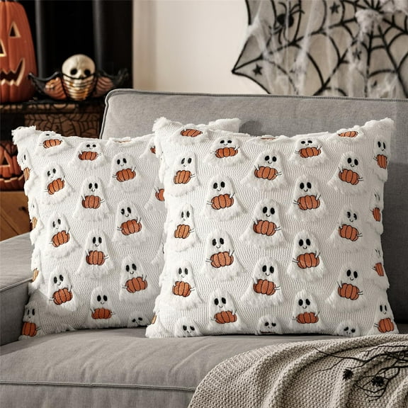 Set of 2 Halloween Pillow Covers Decorative Fall Cute Ghost Plush Faux Fur Pillows 18x18 Inch Soft Pumpkin Accents for Sofa Couch Bed Living Room Festive Home Decor, White Rust