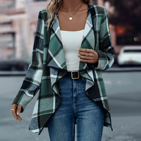 WXLWZYWL Women's Plaid Cardigan Open Front Waterfall Long Sleeve Collar Jacket Cardigan Winter Coat Asymmetrical Hem Belted Coat Outerwear