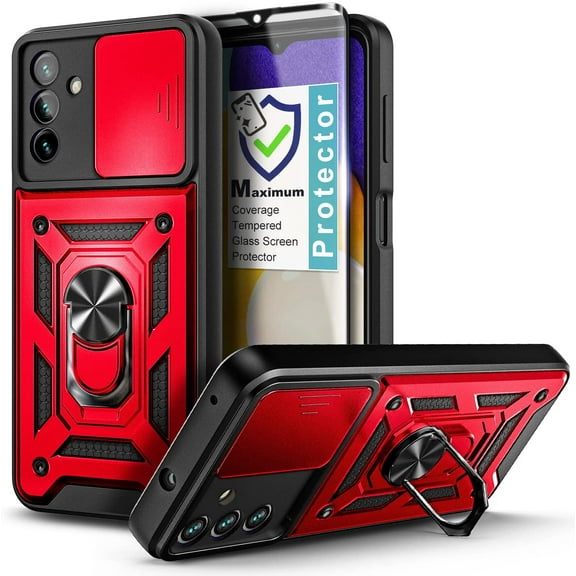 Nagebee Phone Case Compatible for Samsung Galaxy A13 5G / 4G / A04S with Tempered Glass Screen Protector (Full Coverage), Full-Body Camera Cover Military-Grade, Magnetic Car Mount Ring Holder (Red)