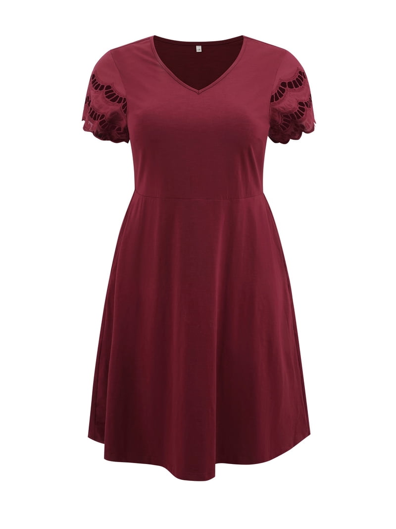 burgundy eyelet dress Daring Diva Plus Size V Neck Hollow Eyelet Details Dress 3X Burgundy, Women's, Size: 3XL, Red