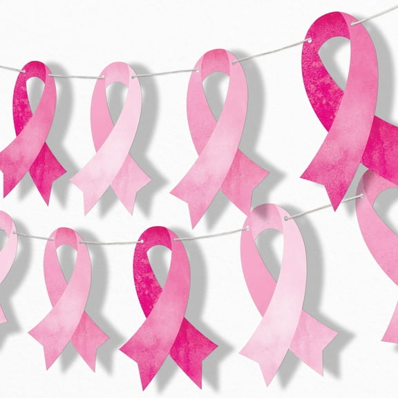 Big Dot of Happiness Pink Ribbon Garland Banner, Breast Cancer Awareness Support Decor, 30 Feet of Cord, 15 Double-Sided Pink Ribbon Pieces
