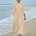 thumbnail image 2 of Ygbgbb Women's Cotton Linen Dress Solid Button Down Maxi Dress Loose Summer Lightweight Beach Dress Casual Long Sleeve Crewneck Dresses Khaki L, 2 of 9