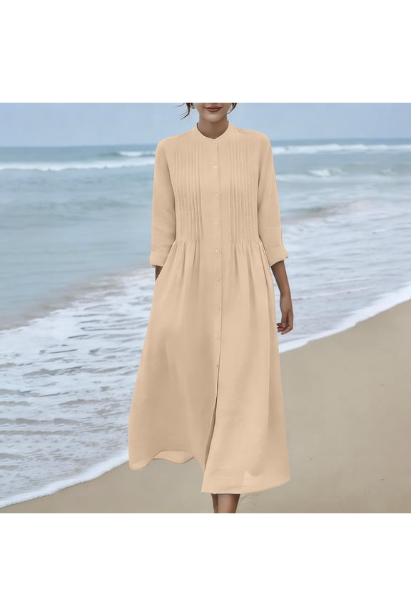 Cotton Dresses for Women Long Sleeve Button Down Linen Maxi Dress Pleated Shirt Dress Flowy Long Summer Beach Vacation Dresses Vestidos Casuales De Mujer Khaki L