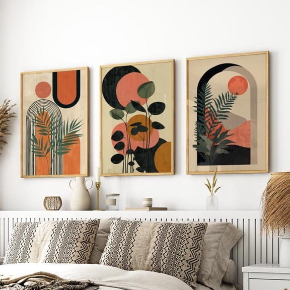 Luvia Dark Green Tropical Botanical Boho Abstract 3 Piece Set Wall Art Poster Or Print, Geometric Shapes Minimalist Mid Century Modern Art, Modern Wall Decor Set 3 Prints 8x12 UNFRAMED