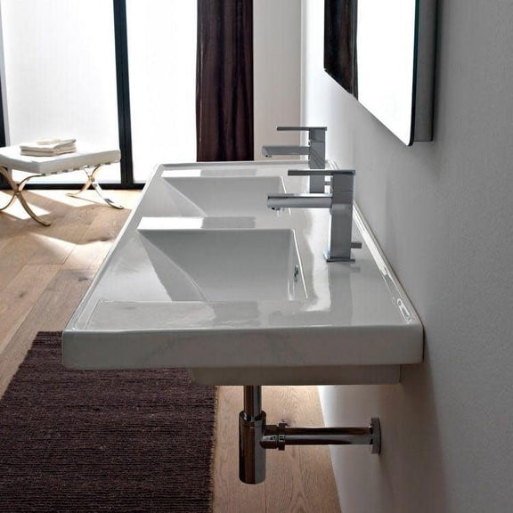 Nameeks 3006-Two Hole Scarabeo 48" Ceramic Wall Mounted / Drop In Bathroom Sink - White