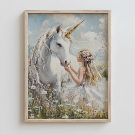 Unicorn And Girl Art Print Vintage Fantasy Illustration Unframed Paper Poster 24x36in