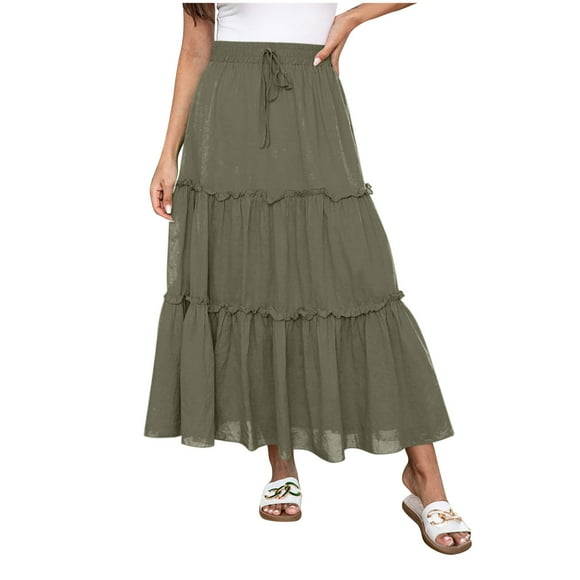 Tumotour Summer Skirt For Women Solid Color Flowy Midi Skirt Beach Drawstring Pleated Elastic High Waisted A Line Tiered Long Skirt