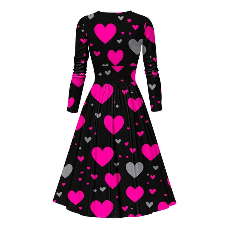 Jinhomg Womens Vintage Cocktail Dress Love Cute Valentine's Day Heart Print  Party Dress Flowy Swing Long Sleeve V-Neck Midi Dresses Hot Pink XXL -  Walmart.com